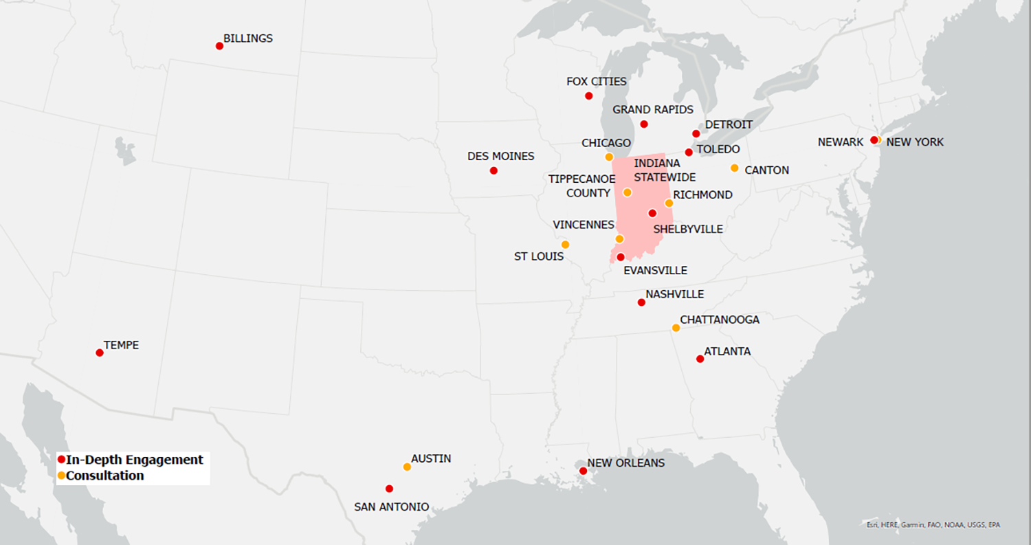 U.S. map showing locations of in-depth engagements and consultations